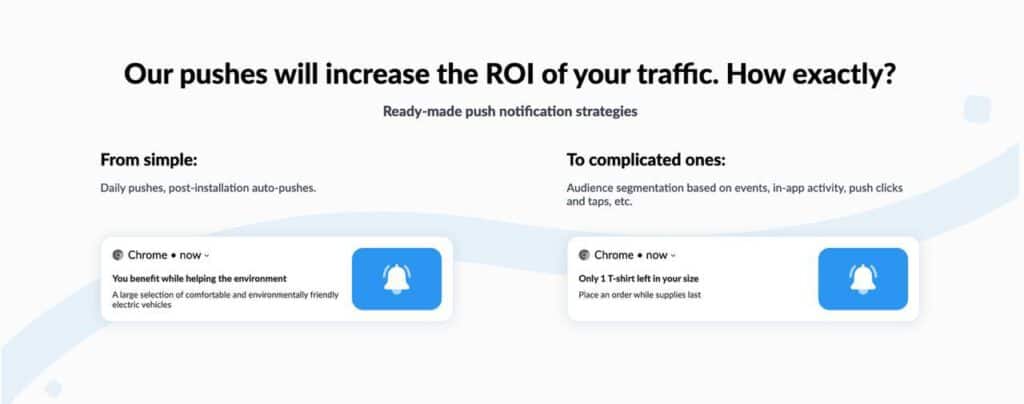Push.Express landing page showcasing push notification strategies, from simple auto-pushes to advanced audience segmentation.