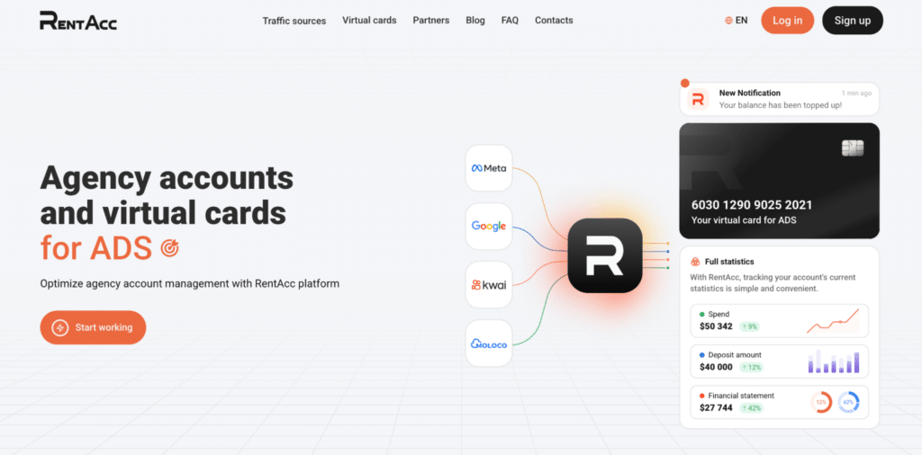 This image shows the RentAcc homepage, featuring agency accounts, virtual cards, and statistics for ads.